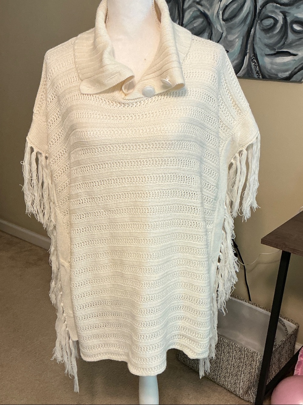 Cream Fringe Knit Poncho with Buttoned Shawl Collar
